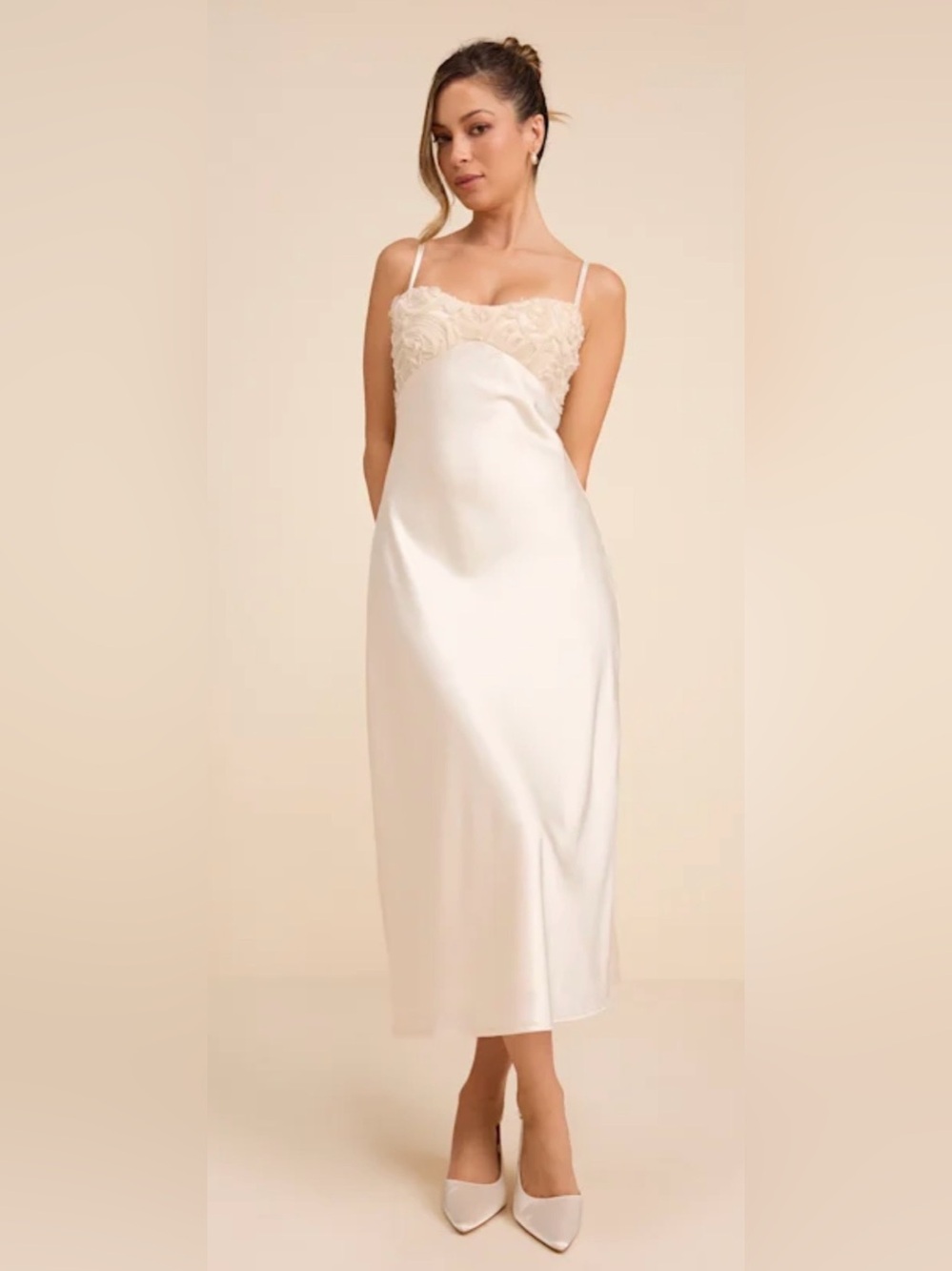 Lulus Lange Satin Appliqué Ivory Satin Slip Dress with Floral Bodice